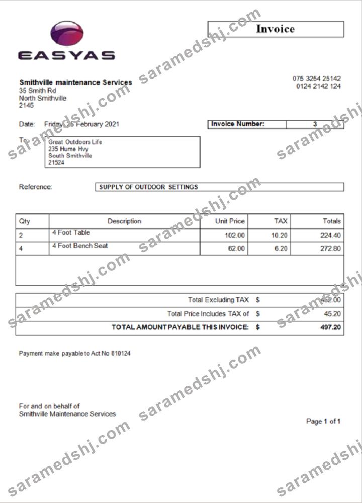 USA Easyas Driver Training invoice